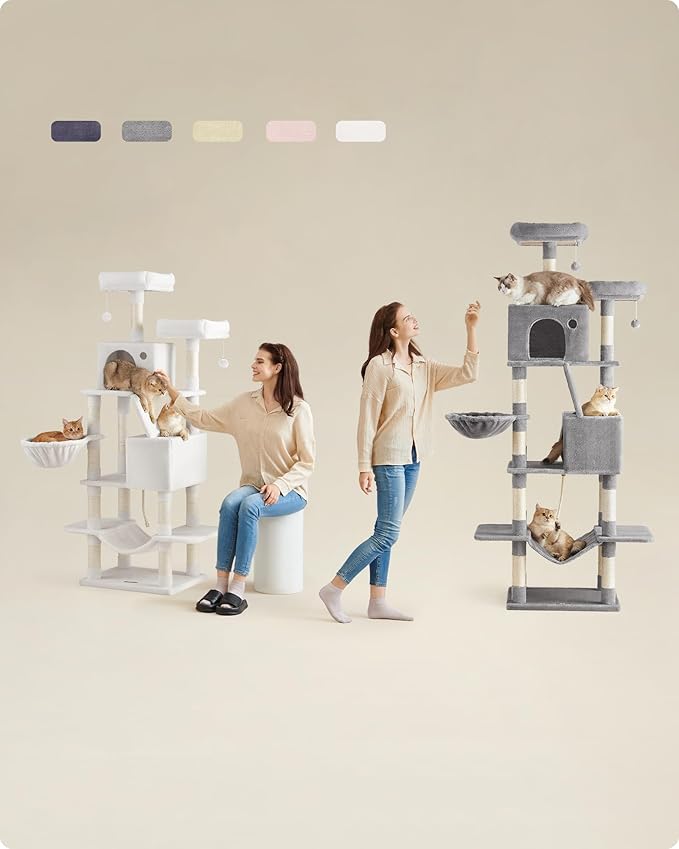 Feandrea Cat Tree, 81.1-Inch Large Cat Tower with 13 Scratching Posts, 2 Perches, 2 Caves, Basket, Hammock, Pompoms, Multi-Level Plush Cat Condo for Indoor Cats, Cream White UPCT190T01-PurrikoPets