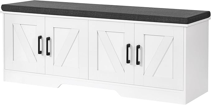 2-Tier Storage Bench, Shoe Bench with Padded Seat Cushion, Entryway Bench with 4 Barn Doors, Adjustable Shelf, 13.8" D x 47.2" W x 17.7" H, for Entryway, Living Room, Bedroom, White-PurrikoPets