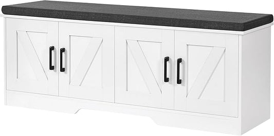 2-Tier Storage Bench, Shoe Bench with Padded Seat Cushion, Entryway Bench with 4 Barn Doors, Adjustable Shelf, 13.8" D x 47.2" W x 17.7" H, for Entryway, Living Room, Bedroom, White-PurrikoPets
