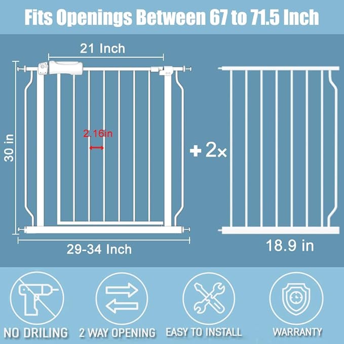 Extra Wide Large Baby Gate 67-71.5 Inch Automatic Close Pet Dog Gates for Stairs Doorways Pressure Mount Child Safety Gate for Walk Through Kids or Pets-PurrikoPets
