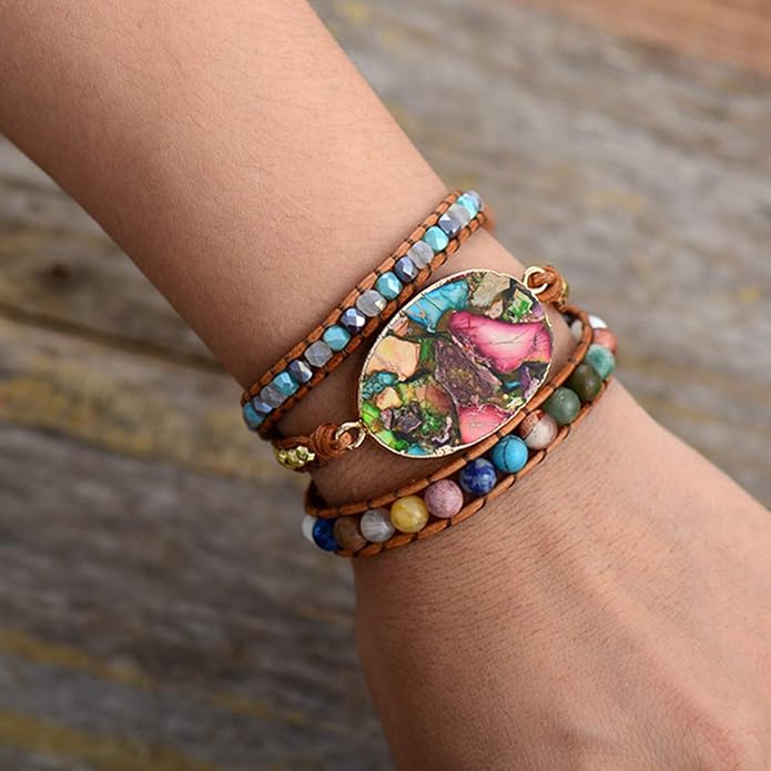 ZOSOJONA Women Wrap Bracelet Boho Natural Jasper Crystal Stone Beads Strand Bracelets