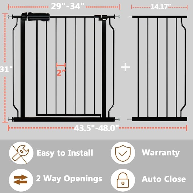 Fairy Baby Walk Through Baby Gate 43.5-48 Inch Wide, Pressure Mounted Safety Gate with Door No Drill, Black Tension Metal Gate for Dog and Toddler-PurrikoPets