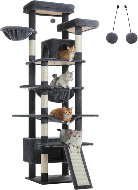 81" Heavy Duty Cat Tree for Large Cats up to 20lbs - Extra Tall Cat Tower with Metal Frame Hammock, 6 Sisal Scratching Posts, 2 Perches - Indoor Cat Furniture for Maine Coon, Dark Gray-PurrikoPets