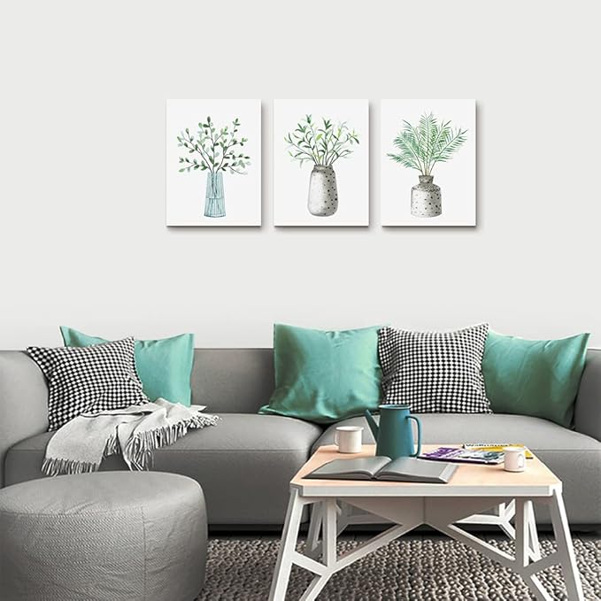 AHUASJART Canvas Wall Art - Paintings for Kitchen, Dining Room, Family Wall Decor - Green Leaf Vase, 3 Piece-PurrikoPets