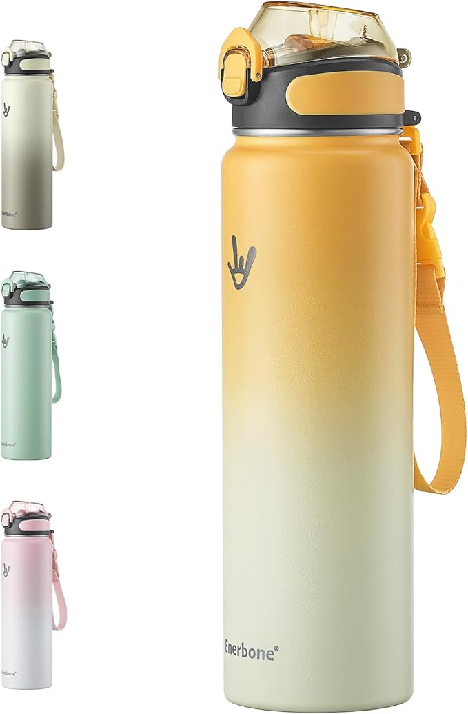 Enerbone 32 oz Insulated Water Bottle, Stainless Steel Bottle with Carrying Strap, Double-Wall Vacuum Insulation Design, Leakproof Sports Bottle with Straw, Keep Drinks Cold or Hot for Hours-PurrikoPets