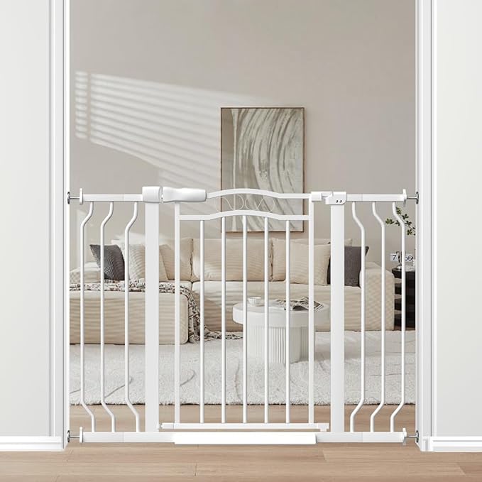 29.9-43.7 in Wide Baby Gate for Stairs Doorways, Auto Close Child Safety Gates Indoor for Dogs Pets, Pressure Mounted Metal Barrier Kids Toddler Door Walk Through, 30" Tall, White-PurrikoPets