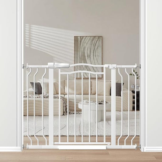 29.9-43.7 in Wide Baby Gate for Stairs Doorways, Auto Close Child Safety Gates Indoor for Dogs Pets, Pressure Mounted Metal Barrier Kids Toddler Door Walk Through, 30" Tall, White-PurrikoPets