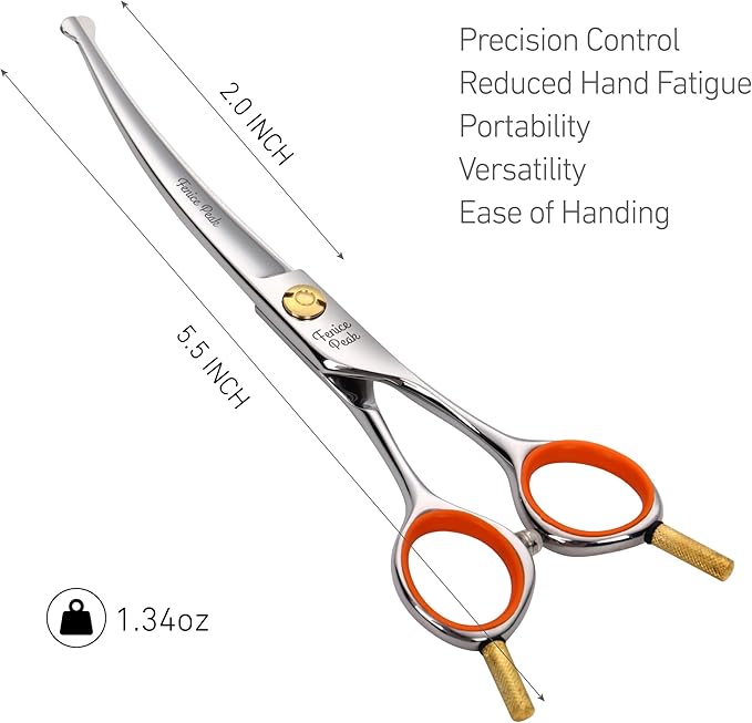 Fenice Peak 5'' Small Curved Scissors Lightweight Dog Cat Grooming Scissors with Safety Round Tip JP440C Stainless Steel Sharp Blades for Body Facial Nose Ear and Paw Hair Easy Use-PurrikoPets