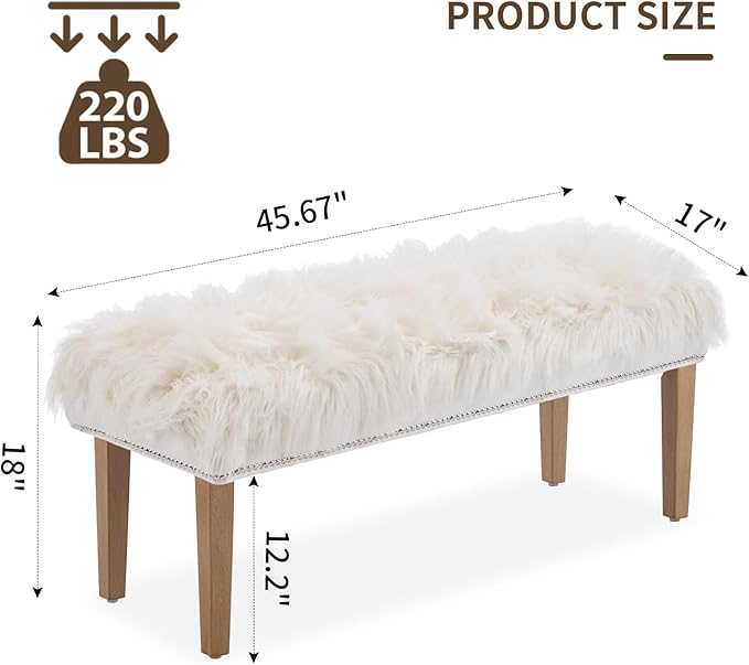 46 Inch White Bedroom Bench, Modern Multi-Purpose Bench with Wooden Legs, Faux Fur Upholstered, 3-Seater, 220 lbs Weight Capacity-PurrikoPets