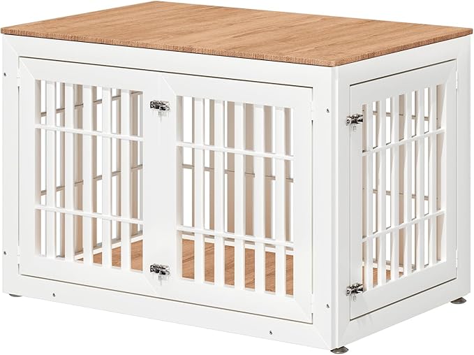 48" Heavy Duty Dog Crate Furniture for Small,Medium and Large Dogs,Rustic Wooden Dog Cage Kennel Indoor Furniture with Waterproof Top,Decorative Pet House Side End Table (White & Wood)-PurrikoPets