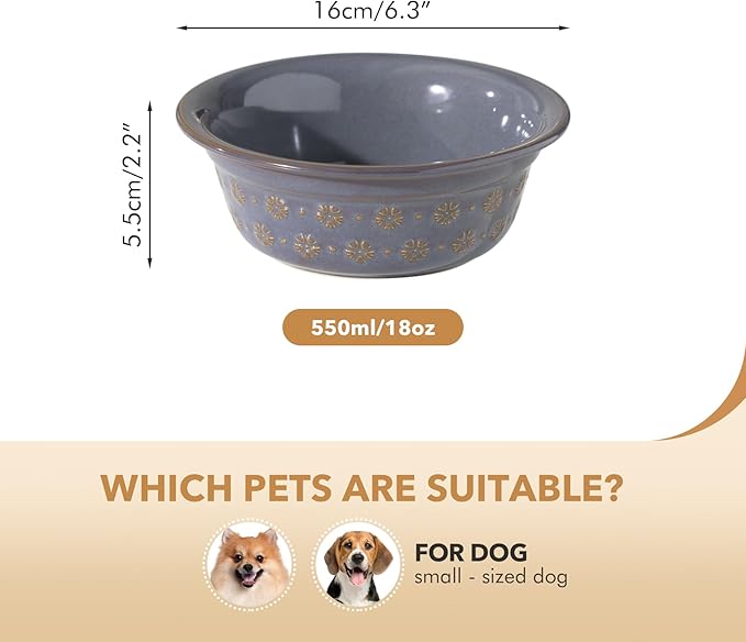 6.3inch Ceramic Set of 2 Dog Bowls, Food and Water Bowls for Small and Medium Dog, 2pcs Basic Dog Bowl, Wide Opening Rounded Edge (2 Bowls, Reactived Glaze -Grey)-PurrikoPets