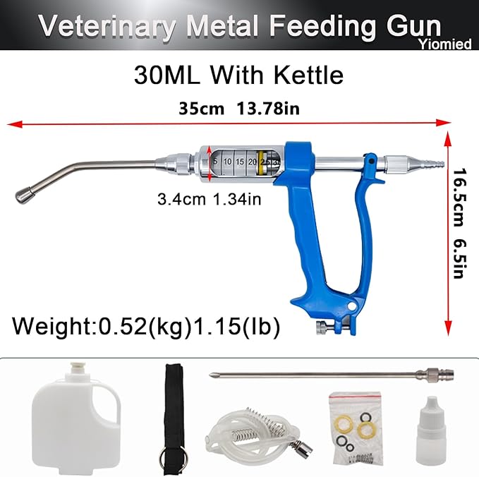 30ML Veterinary Metal Feeding Gun, Continuous Drench Gun Dosing Device Veterinary Adjustable Medicine Dispenser Husbandry Autonomous Feeding Tool, for Pig Cow, Sheep, Horse (Blue, 30ML+Kettle)-PurrikoPets