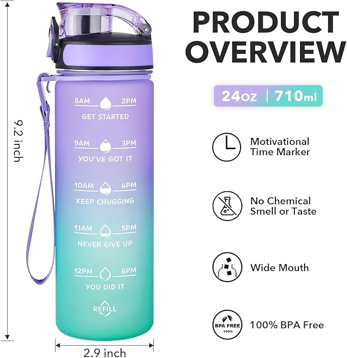 Enerbone Water Bottle, Leakproof BPA & Toxic Free, Motivational Water Bottle with Times to Drink and Straw, Fitness Sports Water Bottle with Strap for Office, Gym, Outdoor Sports-PurrikoPets