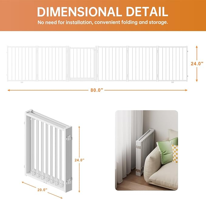 Full Metal Freestanding Dog Gate with Door, 24'' Height Foldable Pet Dog Fence for Indoor & Outdoor, 6 Panels Extra Wide Free Standing SmallDog Gates for Doorways,House,Stairs,Porch,Deck,Yard-PurrikoPets