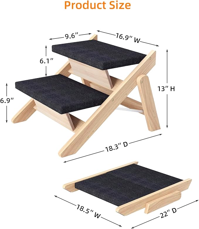 Dog Stairs/Ramp for Bed, Wooden Convertible Pet Steps, Portable Dog Ladder Up to 180 Pound for Elderly/Short-Legged Dogs, 2 Steps for Beds, Couch, Cars-PurrikoPets