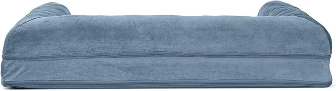 Furhaven Cooling Gel Dog Bed for Large/Medium Dogs w/ Removable Bolsters & Washable Cover, For Dogs Up to 55 lbs - Faux Fur & Velvet Sofa - Harbor Blue, Large-PurrikoPets