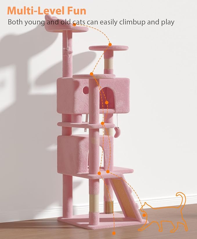 60'' Cat Tree Tower for Indoor Cats Large Adult,Cute/Tall Modern Cat Tree for Big Cats 20 lbs, Plush Multi-Level Cat Condo with Scratching Posts,Dangling for Fun Play (Soft Pink, 60 inch)-PurrikoPets