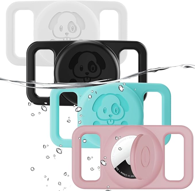 4 Pack Waterproof Dog Collar Holder Compatible with AirTag, Silicone Hidden Loop Holder for Airtag Tracker, Anti-Lost Dog Collar Accessories(Cyan,White,Black,Pink)-PurrikoPets