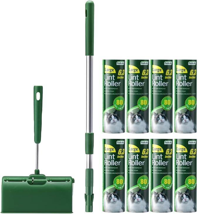 Floor Lint Rollers Pet Hair Extra Sticky with Retractable Long Handle,Large Cat Dog Hair Remover Laundry Clothes Carpet Furniture,6.3 inches Wider with 640 Sheets Giant Lint Remover Brush for Couch-PurrikoPets