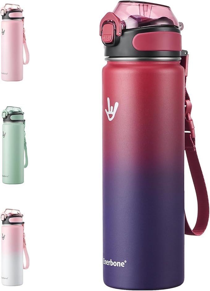 Enerbone 24 oz Insulated Water Bottle, Stainless Steel Bottle with Carrying Strap, Double-Wall Vacuum Insulation Design, Leakproof Sports Bottle with Straw, Keep Drinks Cold or Hot for Hours-PurrikoPets