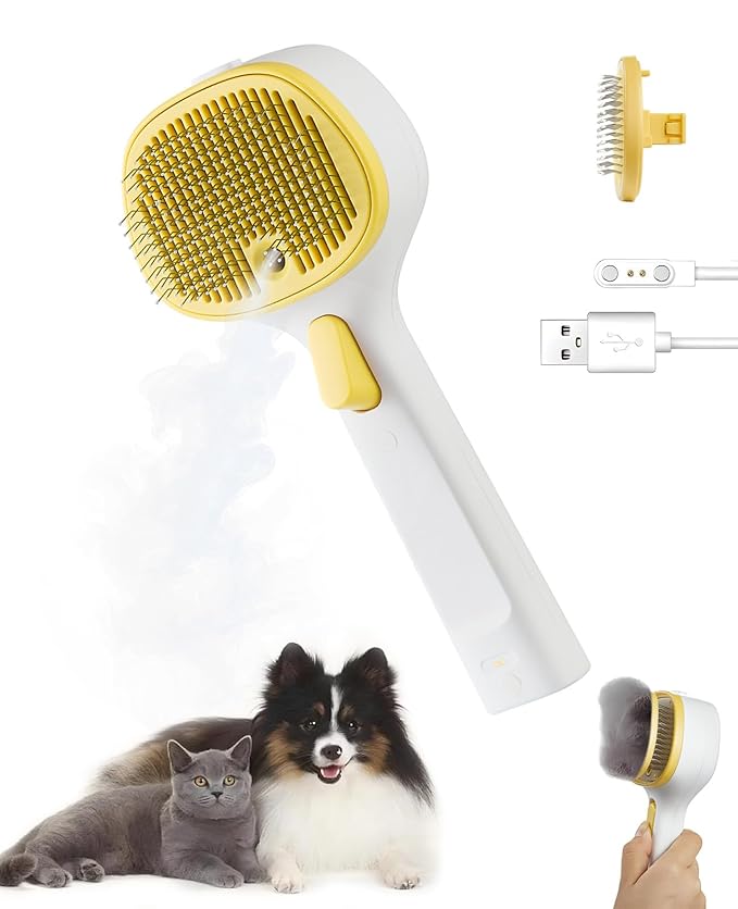 FURGO 3-in-1 Pet Steam Brush for Dogs & Cats – Reduces Static, Short-Pin Head for Short Hair, One-Click Release Button, Dog Spray Brush for Shedding Control (Short)-PurrikoPets