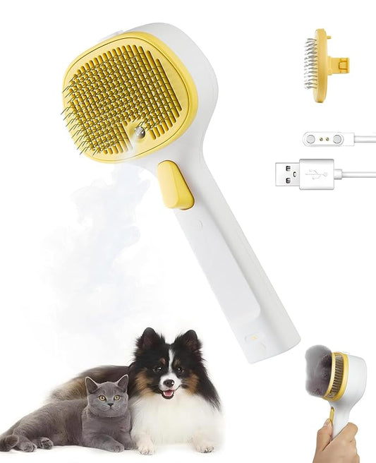 FURGO 3-in-1 Pet Steam Brush for Dogs & Cats – Reduces Static, Short-Pin Head for Short Hair, One-Click Release Button, Dog Spray Brush for Shedding Control (Short)-PurrikoPets