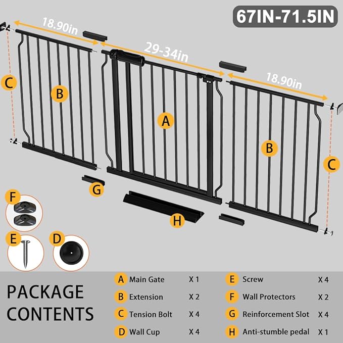 Fairy Baby Extra Wide Baby Gate Black 67-71.5 Inch Wide, Walk Through Pressure Mounted No Drill, Long and Large Tension Gate for Pet and Kids-PurrikoPets
