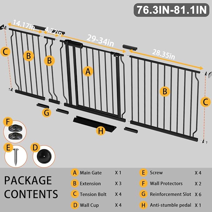 Fairy Baby Extra Wide Baby Gate 76.3-81.1 Inch Wide, Walk Through Pressure Mounted No Drill, Long and Large Tension Gate for Pet and Kids-PurrikoPets