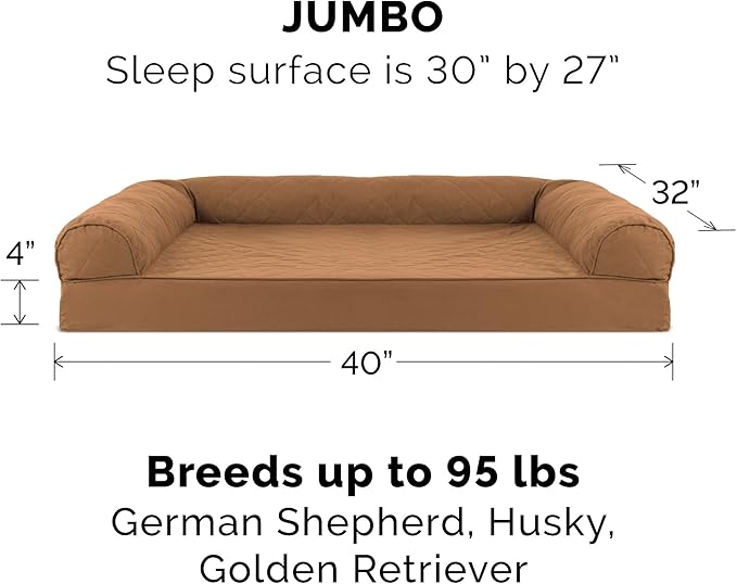 Furhaven Cooling Gel Dog Bed for Large Dogs w/ Removable Bolsters & Washable Cover, For Dogs Up to 95 lbs - Quilted Sofa - Toasted Brown, Jumbo/XL-PurrikoPets