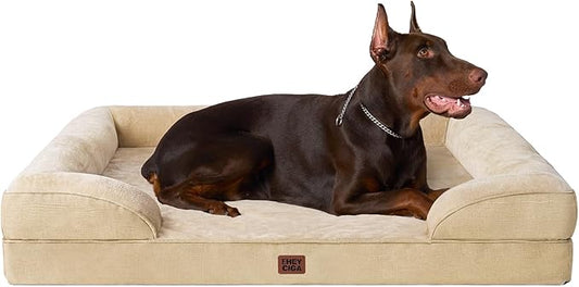 EHEYCIGA Orthopedic Dog Beds for Extra Large Dogs, Waterproof Memory Foam XXL Dog Bed with Sides, Non-Slip Bottom and Egg-Crate Foam Big Pet Couch Bed with Washable Removable Cover, Greige-PurrikoPets