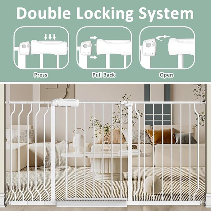 57.5"-62" Extra Wide Auto Closing Baby Safety Gate for Stairs & Doorways, Pressure Mounted No Drill Pet Gate with Walk-Through Door - Heavy Duty Childproof Gate for Toddlers, Kids, Dogs (White)-PurrikoPets