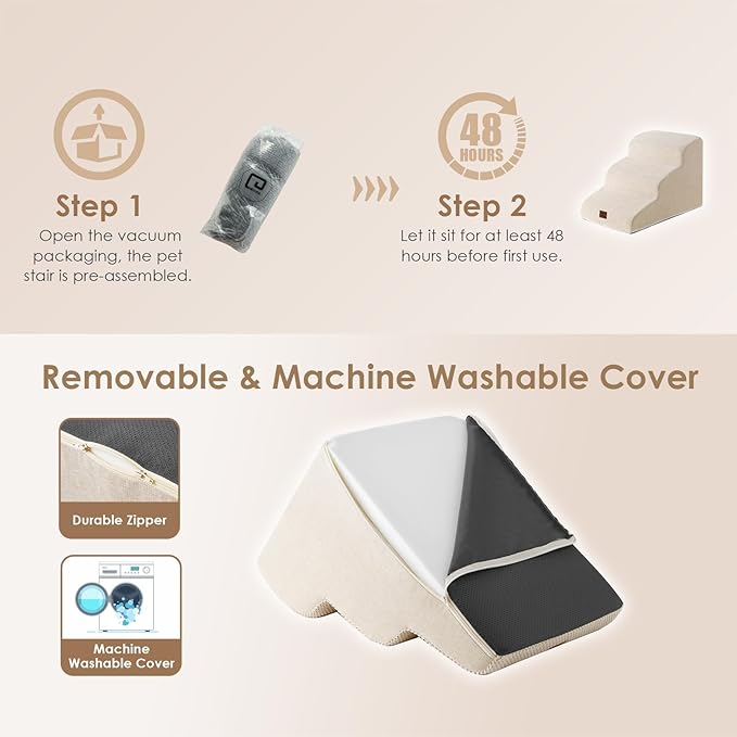 EHEYCIGA Curved Dog Stairs Ramp for Small Dogs 15.7" H, 3-Step Dog Steps for Couch Sofa and Chair, Pet Stairs for Cats, Non-Slip Balanced Pet Steps Indoor, Beige-PurrikoPets