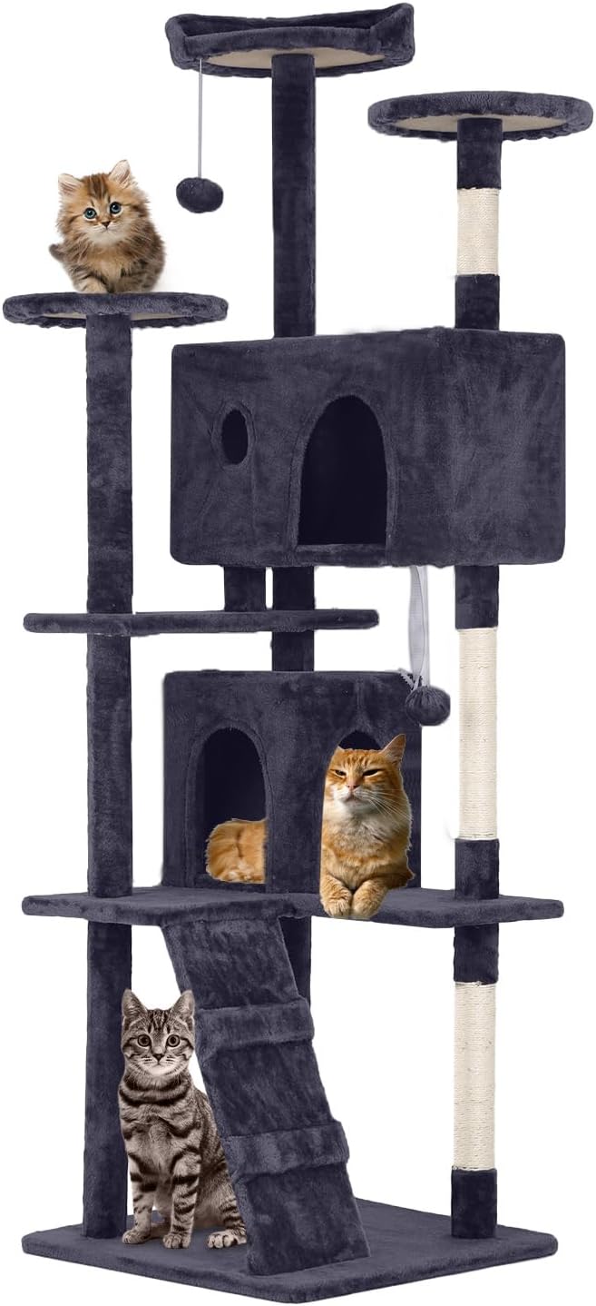 70 Inches Cat Tower for Indoor Cats, Multi-Level Cat Condos with Scratching Posts, Hanging Toys, Ashy-PurrikoPets