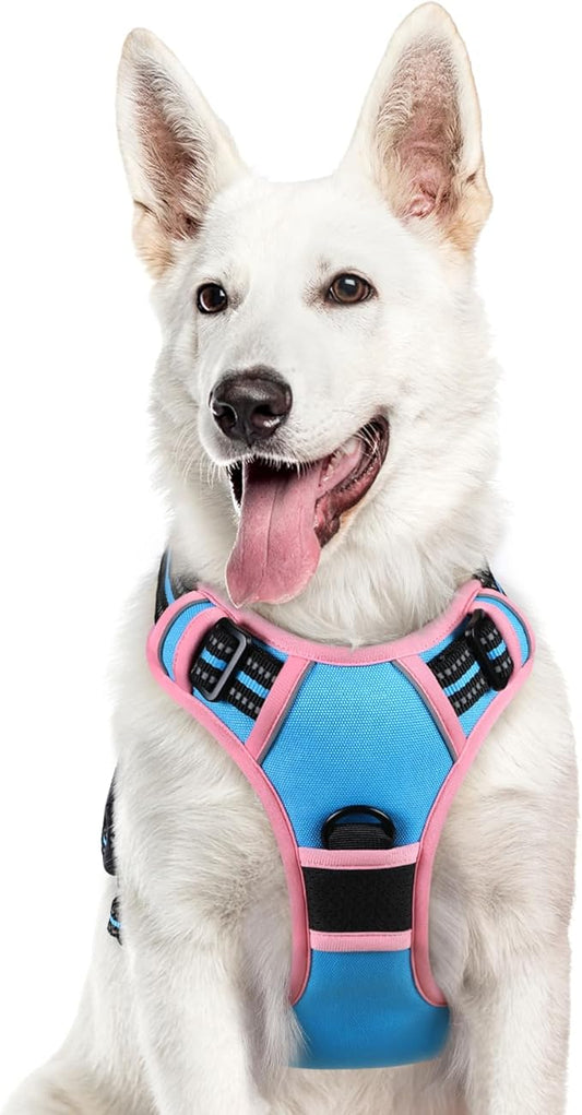 Eagloo Dog Harness for Large Dogs, No Pull Service Vest with Reflective Strips and Control Handle, Adjustable and Comfortable for Walking, No Choke Pet Harness with 2 Metal Rings, Pink & Blue, XL-PurrikoPets