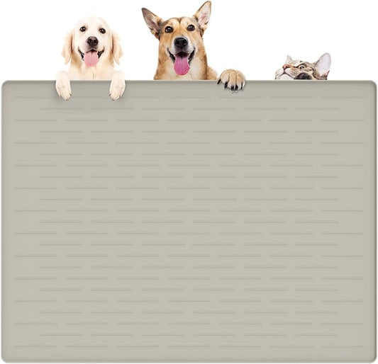 39.4"x29.5" Large Pet Food Mat, Silicone Dog Mats for Food and Water, Nonslip Pet Feeding Mats for Floors,Dog Cat Bowl Mat with Raised Edges, Beige-PurrikoPets