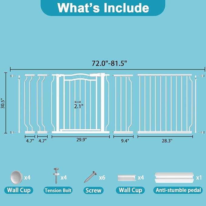 Extra Wide Dog Gate for Doorways 72-81.5 in, Walk Through Long Baby Gates for Large Openings, No Drill Child Safety Gate for Pets Kids Toddler, Doggy Barrier Indoor Metal, 30" Tall White-PurrikoPets