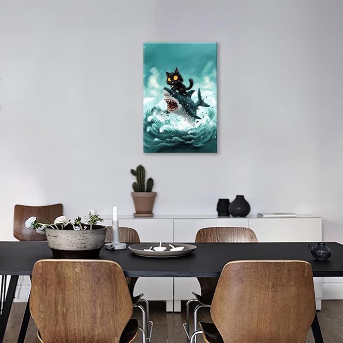 Funny Black Cat Bathroom Wall Art Cute Cat Riding Shark Canvas Wall Decor Animal Kitten Pictures Painting Print Artwork Framed Decorations Gifts for Cat Lover Kids Room Bedroom 16"x24"-PurrikoPets