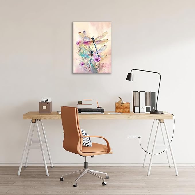 Dragonfly Bathroom Pictures Wall Art, Floral Bathroom Wall Decor, Framed Painting Canvas Artwork for Bedroom Living Room Decorations 20"L x 16"W-PurrikoPets