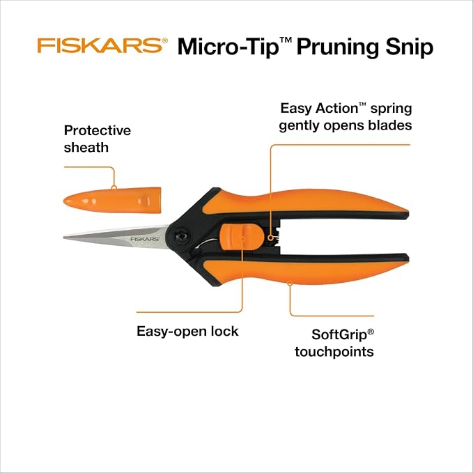 Fiskars Micro-Tip Pruning Snips - 6" Garden Shears with Sheath and Comfort Grip - Sharp Steel Blades - Quality Pruning Shears for Plants in Grow Tents and Hydroponics - Garden Tools-PurrikoPets