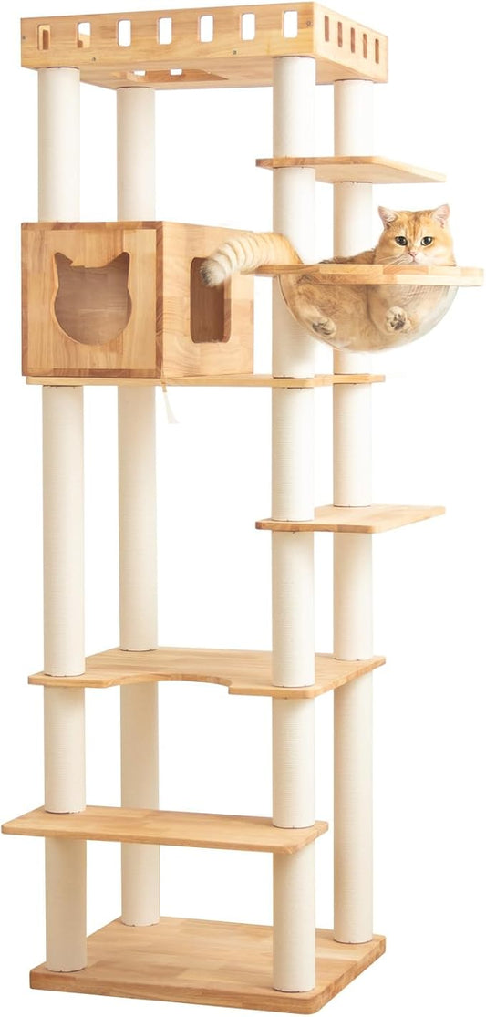 74.8" Wooden Cat Tree Tower for Large Cats, Multi-Level Cat Climbing Furniture with Scratching Posts, Cat Condo & Hammock, Natural Wood Cat Activity Center (White)-PurrikoPets