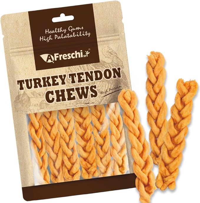 Afreschi Turkey Tendon Braided Stick 3.5 oz, Dog Treats for Classic Series, All Natural Human Grade Dog Treat, Suitable for Training chew, USA-Sourced Turkey Tendon, Rawhide Alternative-PurrikoPets