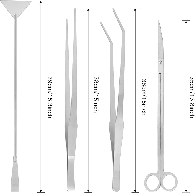 15Inch Extra Long Design Aquarium Aquascaping Tool Stainless Steel Aquascape Tools Kit 4 in 1 Anti-Rust Fish Tank Starter Kit with Long Tweezers Scissors Spatula for Aquarium Plants (Silver)-PurrikoPets