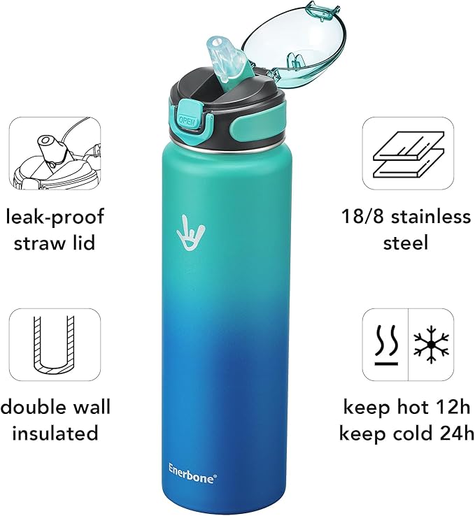 Enerbone 32 oz Insulated Water Bottle, Stainless Steel Bottle with Carrying Strap, Double-Wall Vacuum Insulation Design, Leakproof Sports Bottle with Straw, Keep Drinks Cold or Hot for Hours-PurrikoPets