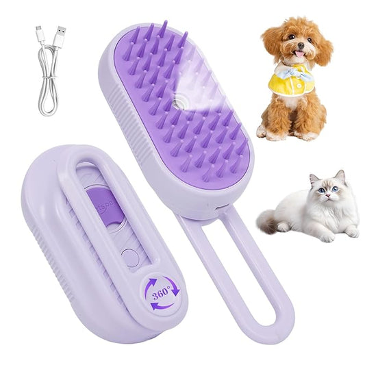 4-in-1 Rechargeable Anti-Dandruff Pet Steam Brush — brush for sheddingCats & Dogs,pet hair removal tool. Integrating functions of massage,clean, hair grooming and anti-static (purple)-PurrikoPets