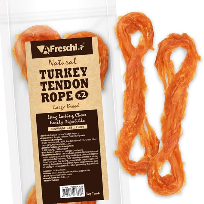Afreschi Natural Turkey Tendon Rope (L) 3.53 oz, USA-Sourced Turkey Tendon, All Natural Human Grade Dog Chew, Hypoallergenic, Rawhide Alternative, Dog Treats for Large Breeds-PurrikoPets