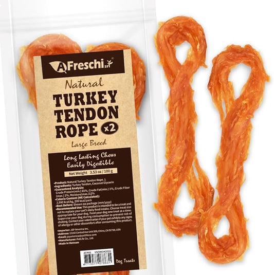 Afreschi Natural Turkey Tendon Rope (L) 3.53 oz, USA-Sourced Turkey Tendon, All Natural Human Grade Dog Chew, Hypoallergenic, Rawhide Alternative, Dog Treats for Large Breeds-PurrikoPets