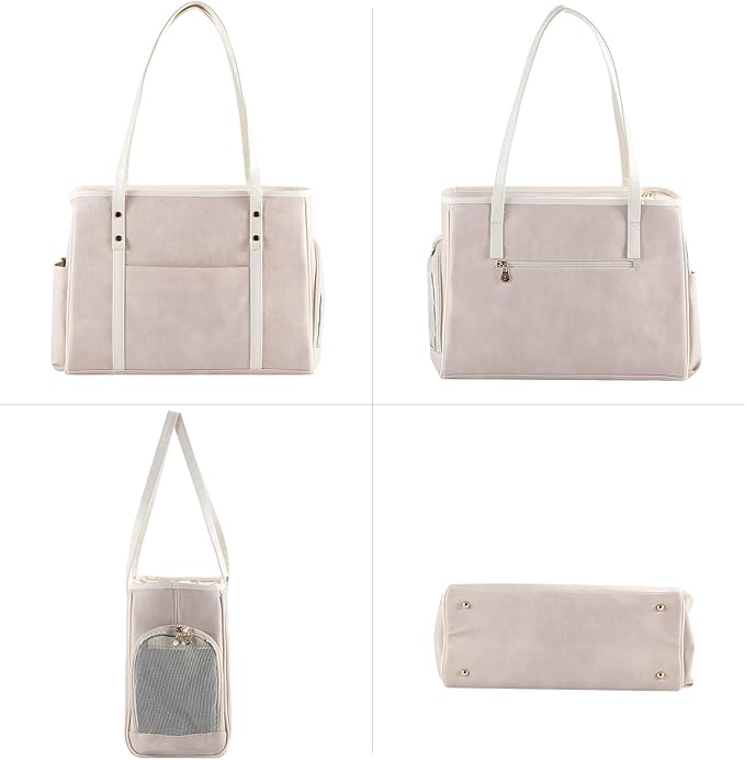 Fashion Dog Carrier Purse, Premium Leather Cat Carrier Bag, Airline Approved Soft Sided Pet Travel Tote Bag with Pockets Beige-PurrikoPets