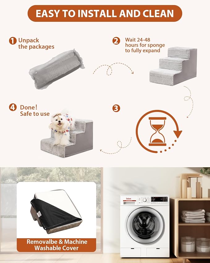 Dog Stairs for Small Dogs,13" H,3-Step Dog Steps for High Bed,Couch,Pet Stairs for Dogs and Cats Climbing with Non-Slip Bottom and Washable Cover,Light Grey-PurrikoPets