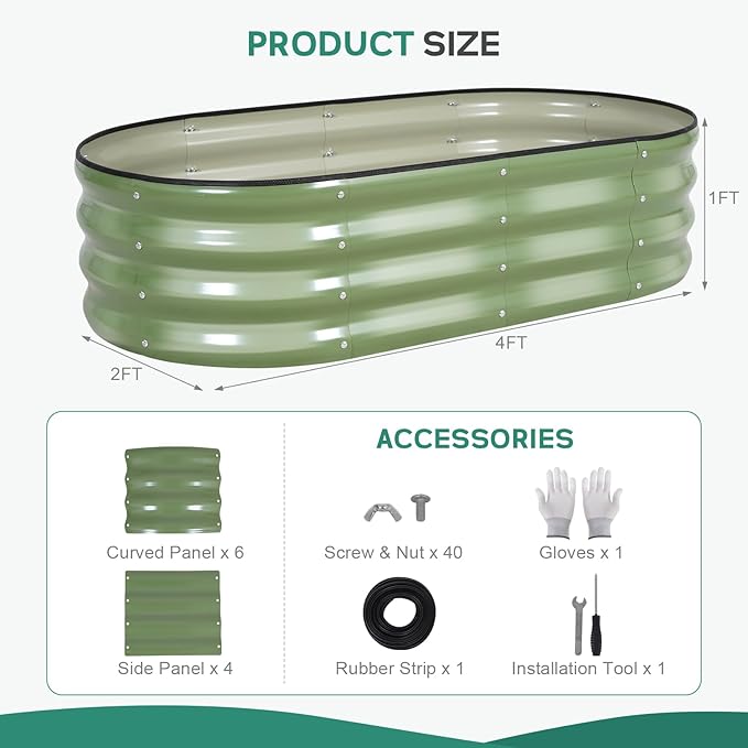 Galvanized Raised Garden Bed Outdoor - 4×2×1ft Planter Raised Beds for Gardening | Oval Metal Garden Planter Box with Safety Edging and Gloves for Vegetables Fruits and Flowers OliveGreen-PurrikoPets