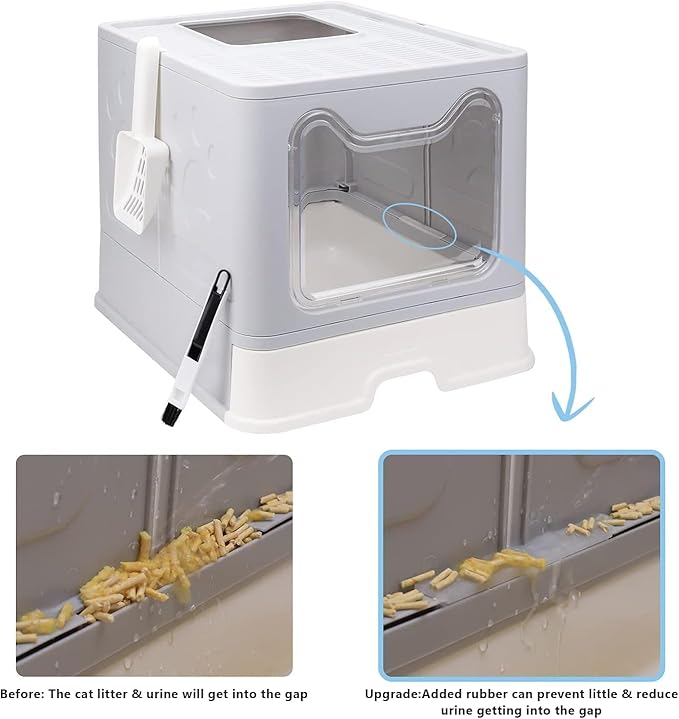 Foldable Cat Litter Box with Lid, Enclosed Potty, Large Top Entry Anti-Splashing Toilet, Easy to Clean Including Litter Scoop and 2-in-1 Cleaning Brush (Grey)-PurrikoPets